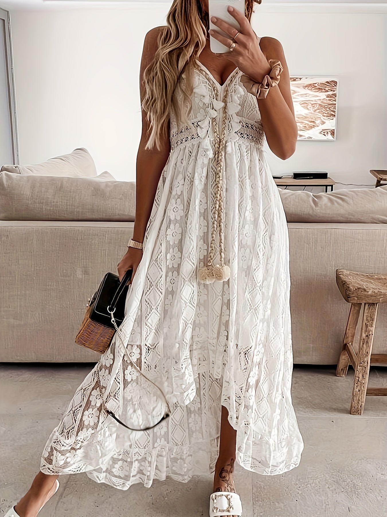 Women's Boho Maxi Dress with Lace and V-Neck for Festive Occasions