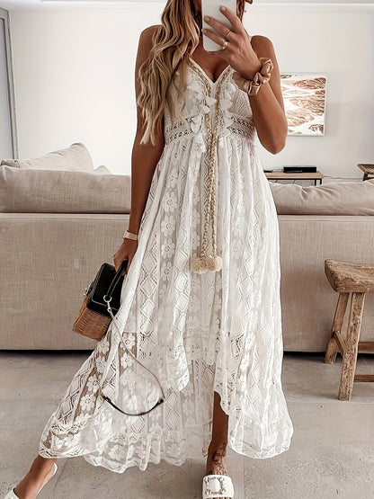 Women's Boho Maxi Dress with Lace and V-Neck for Festive Occasions