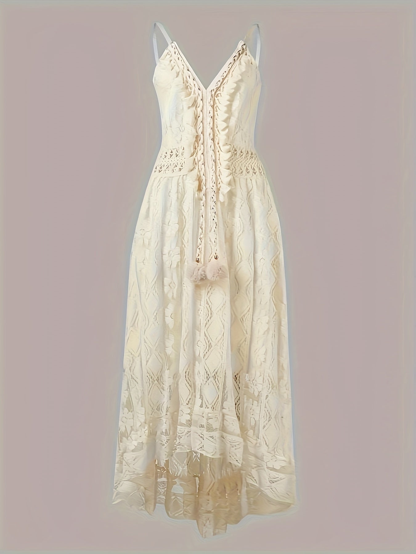 Women's Boho Maxi Dress with Lace and V-Neck for Festive Occasions
