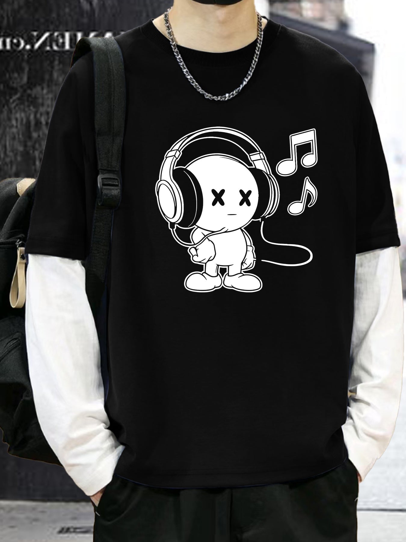 Unisex Langarmshirt mit Cartoon-Kopfhörer-Print in Layer-Optik