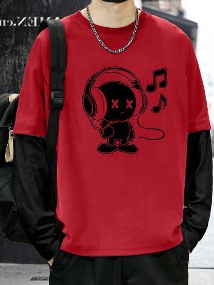 Unisex Langarmshirt mit Cartoon-Kopfhörer-Print in Layer-Optik