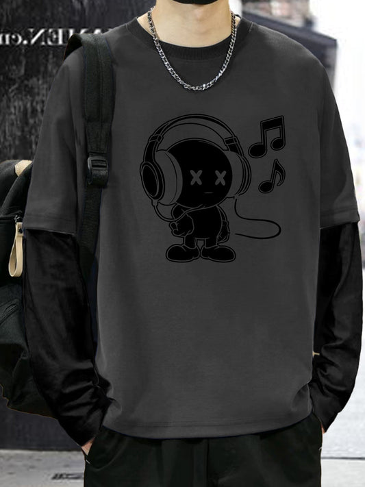 Unisex long-sleeve shirt with a cartoon headphone print in a layered look
