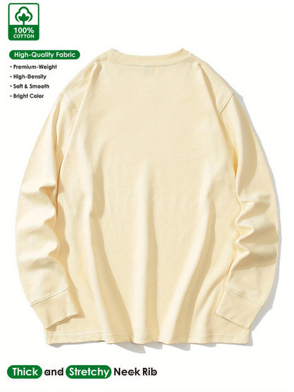 Men's long-sleeve crew-neck casual T-shirt, solid color with logo