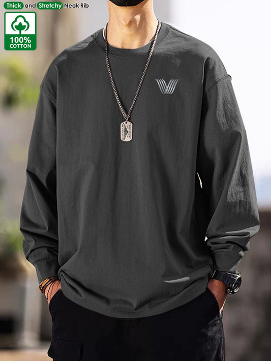 Men's long-sleeve crew-neck casual T-shirt, solid color with logo