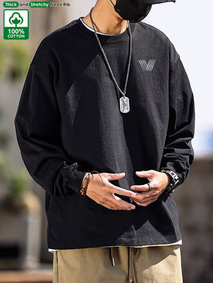 Men's long-sleeve crew-neck casual T-shirt, solid color with logo