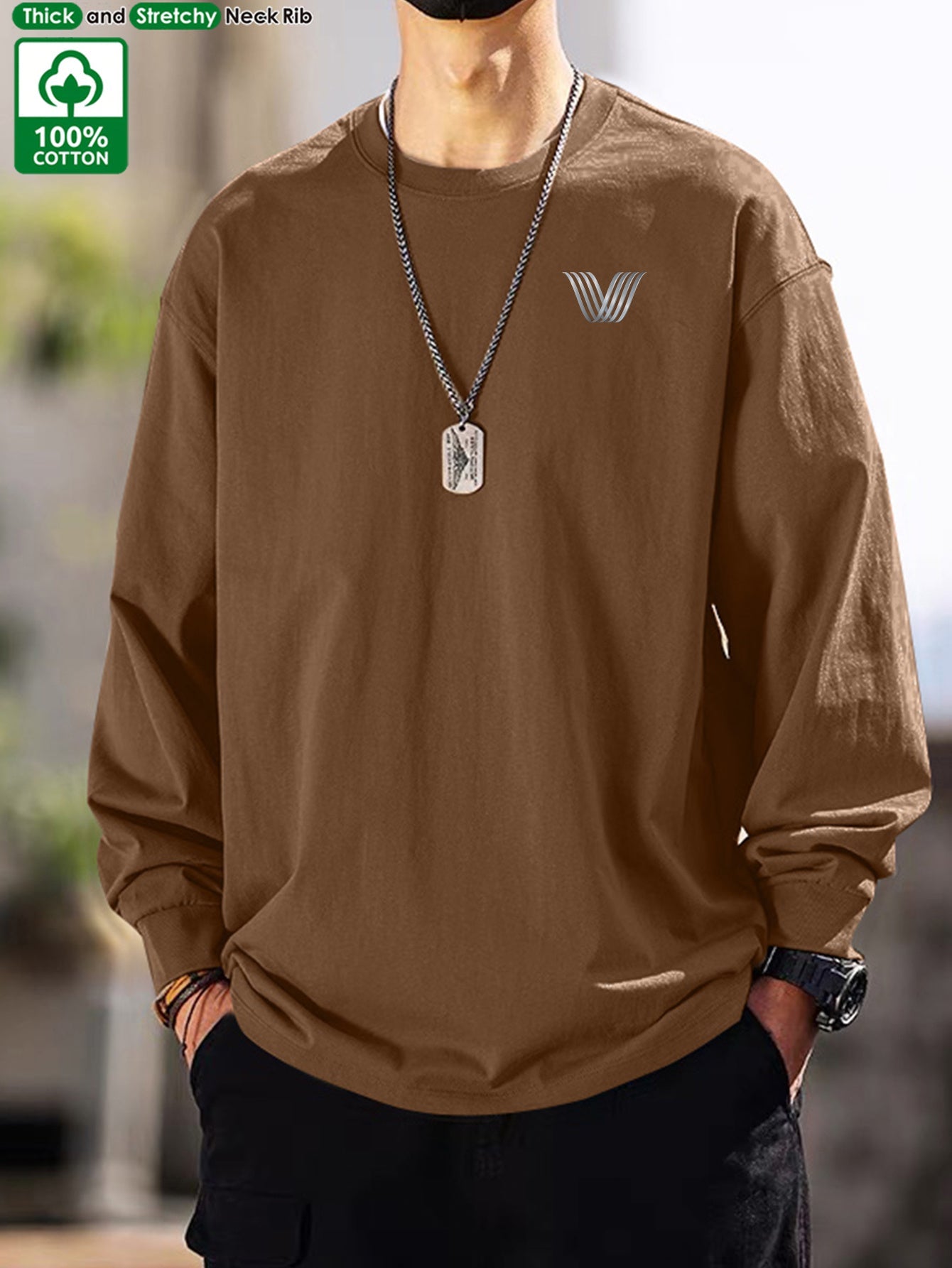 Men's long-sleeve crew-neck casual T-shirt, solid color with logo