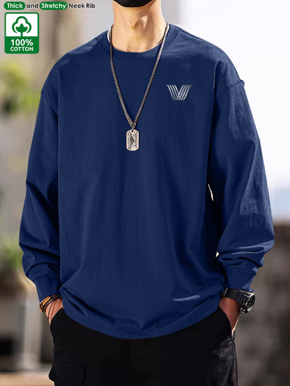 Men's long-sleeve crew-neck casual T-shirt, solid color with logo