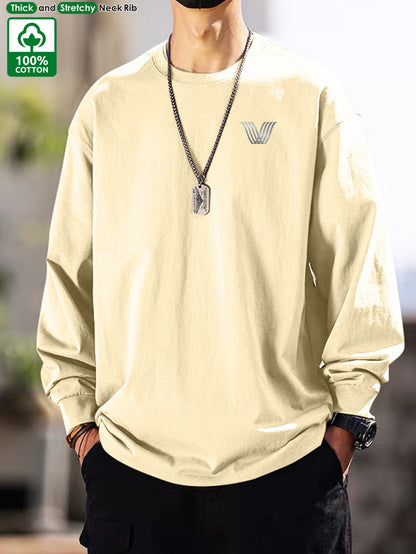 Men's long-sleeve crew-neck casual T-shirt, solid color with logo