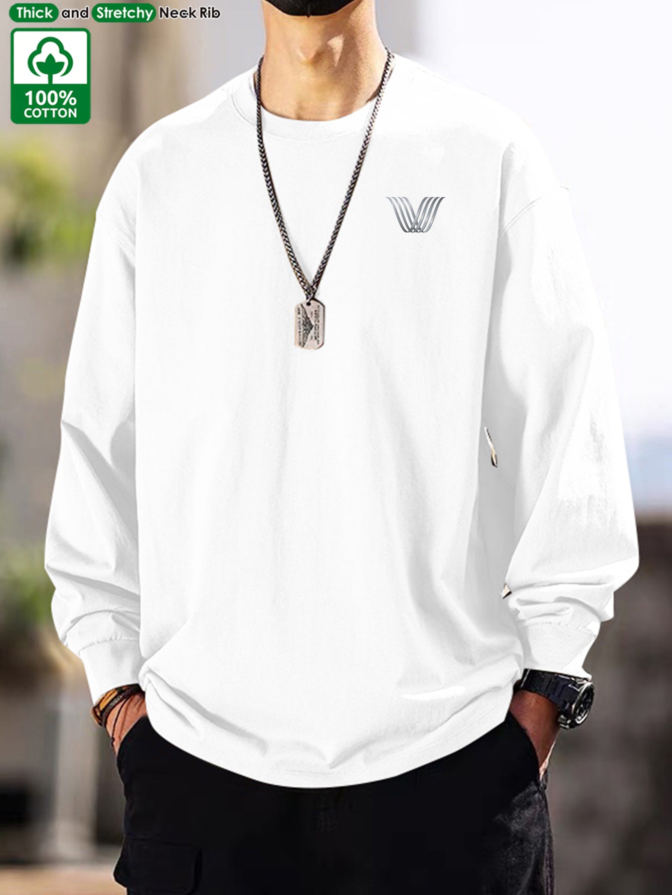 Men's long-sleeve crew-neck casual T-shirt, solid color with logo