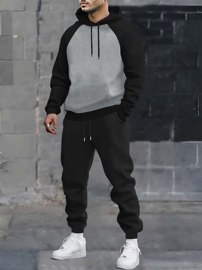 Men’s two-piece hoodie and jogger set, raglan sleeves, anthracite black