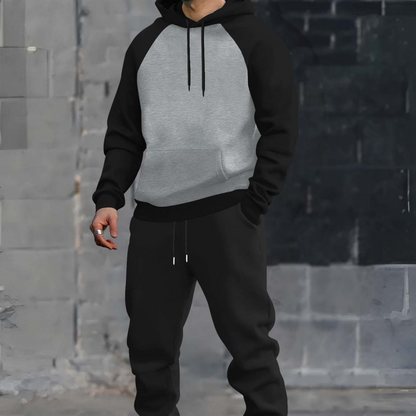 Men’s two-piece hoodie and jogger set, raglan sleeves, anthracite black