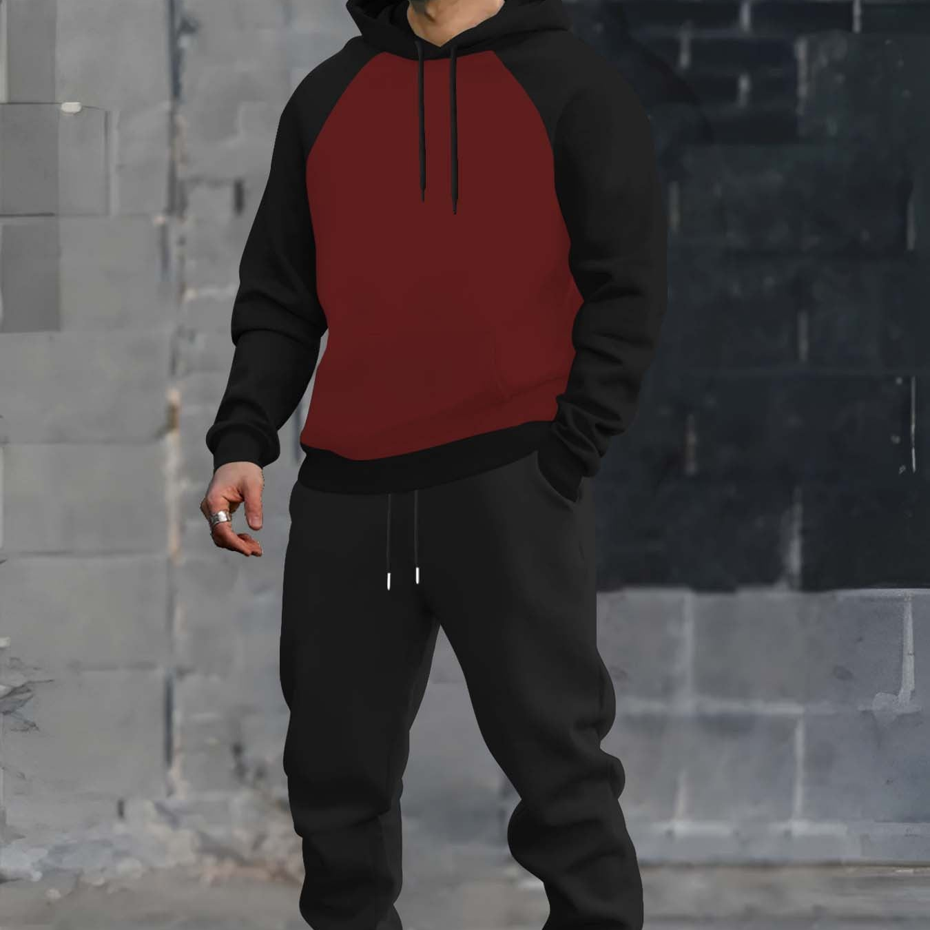 Men’s two-piece hoodie and jogger set, raglan sleeves, anthracite black