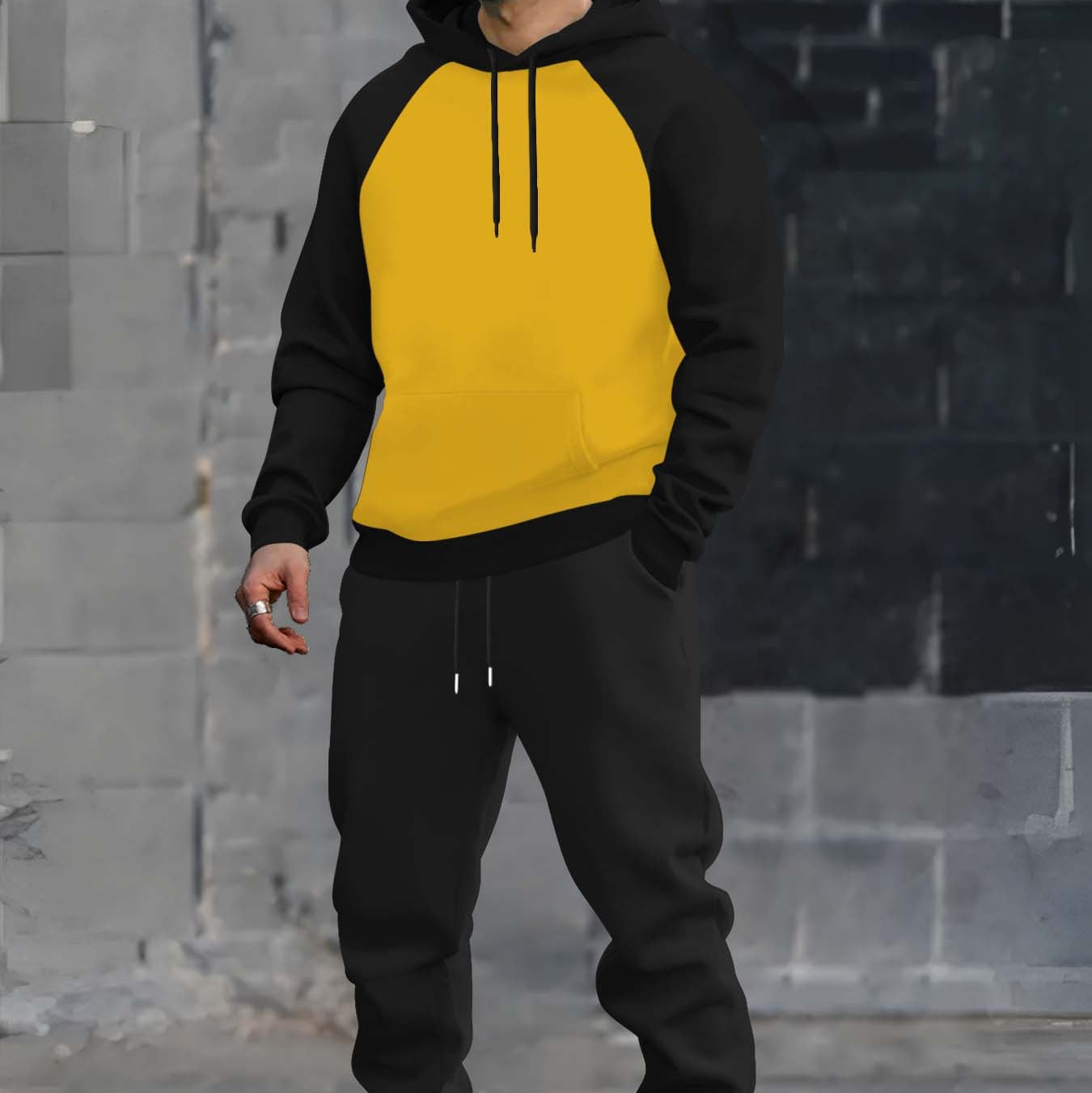 Men’s two-piece hoodie and jogger set, raglan sleeves, anthracite black
