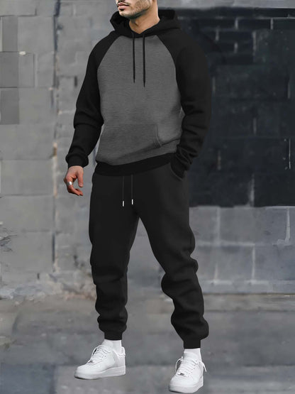 Men’s two-piece hoodie and jogger set, raglan sleeves, anthracite black