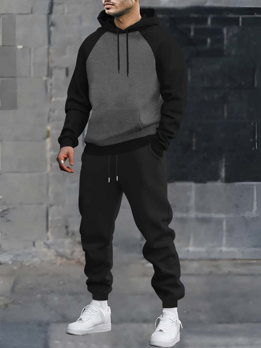 Men’s two-piece hoodie and jogger set, raglan sleeves, anthracite black
