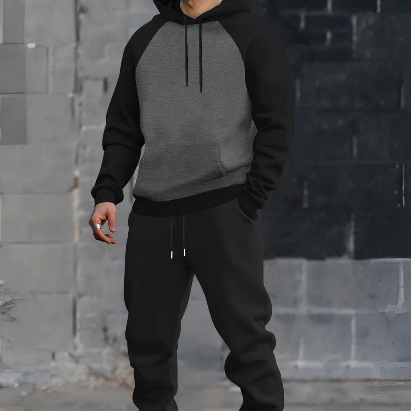 Men’s two-piece hoodie and jogger set, raglan sleeves, anthracite black