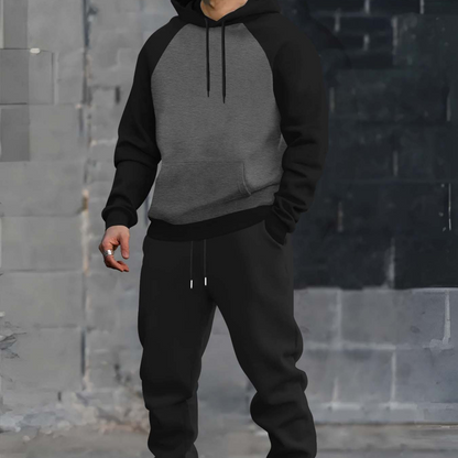 Men’s two-piece hoodie and jogger set, raglan sleeves, anthracite black
