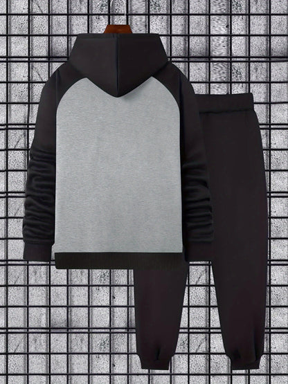 Men’s two-piece hoodie and jogger set, raglan sleeves, anthracite black