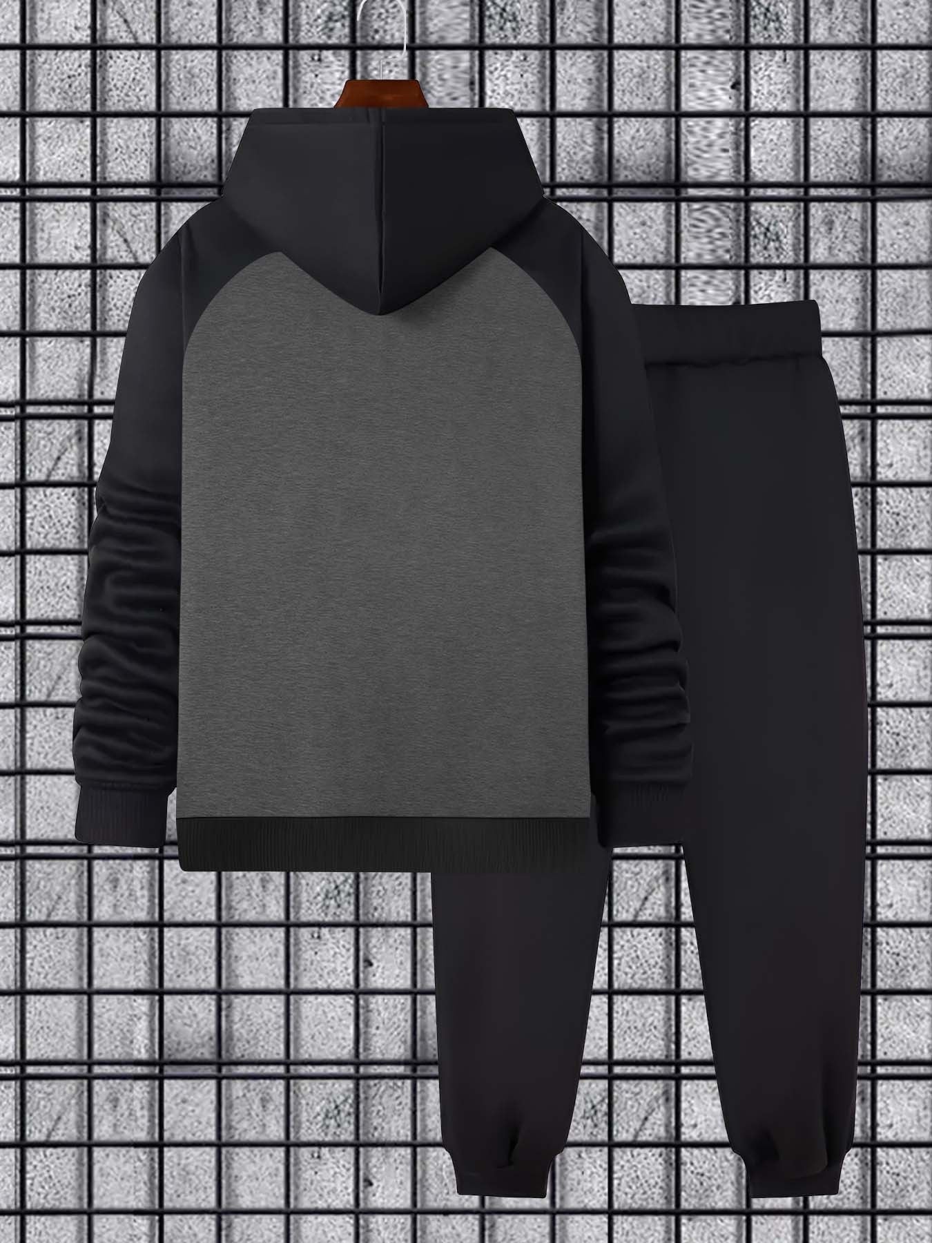 Men’s two-piece hoodie and jogger set, raglan sleeves, anthracite black