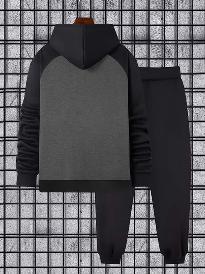 Men’s two-piece hoodie and jogger set, raglan sleeves, anthracite black