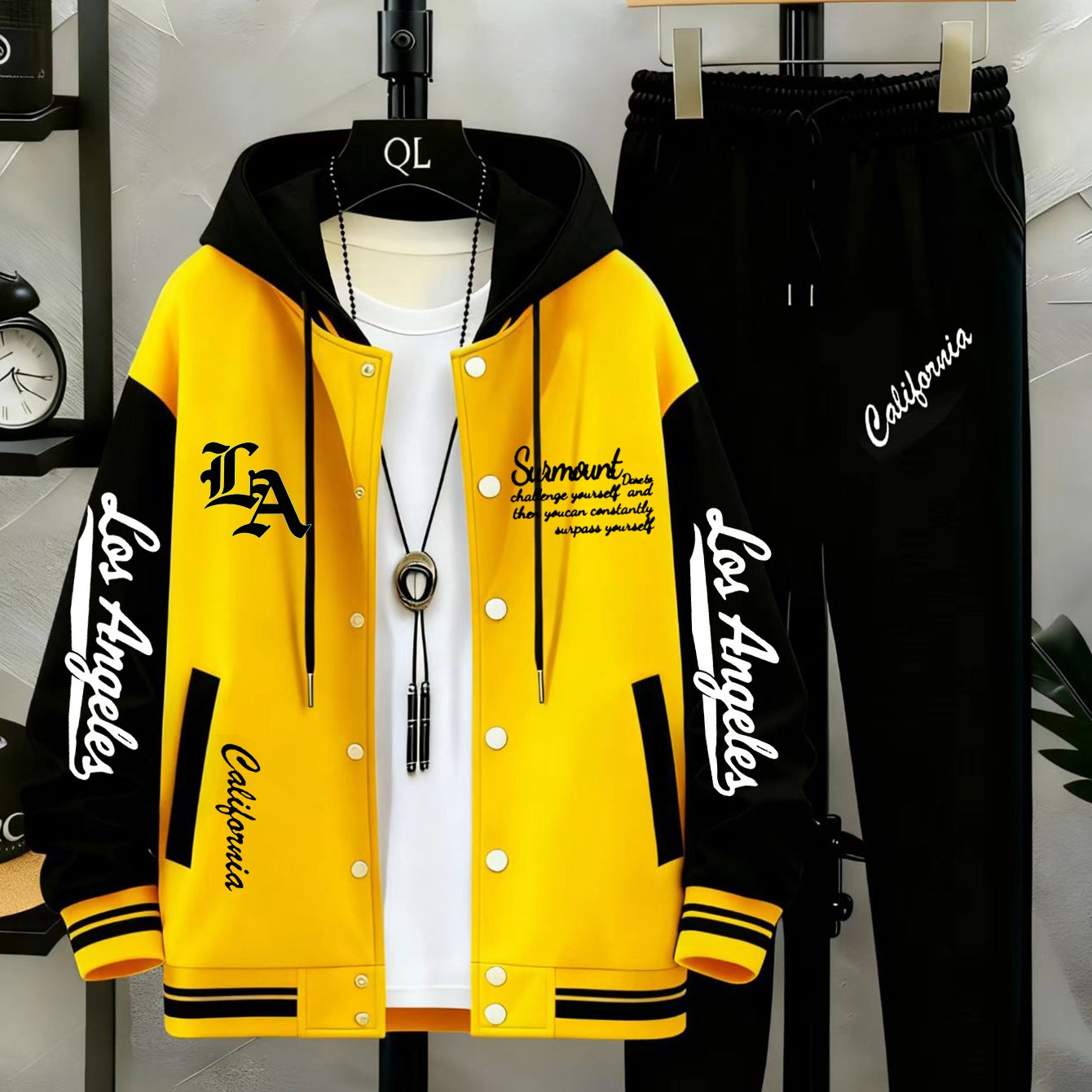 Unisex tracksuit set with baseball jacket and jogging pants, college-style streetwear