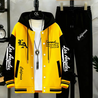Unisex tracksuit set with baseball jacket and jogging pants, college-style streetwear