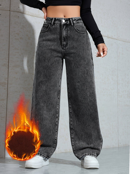 Women's wide-leg jeans with warm lining – dark gray
