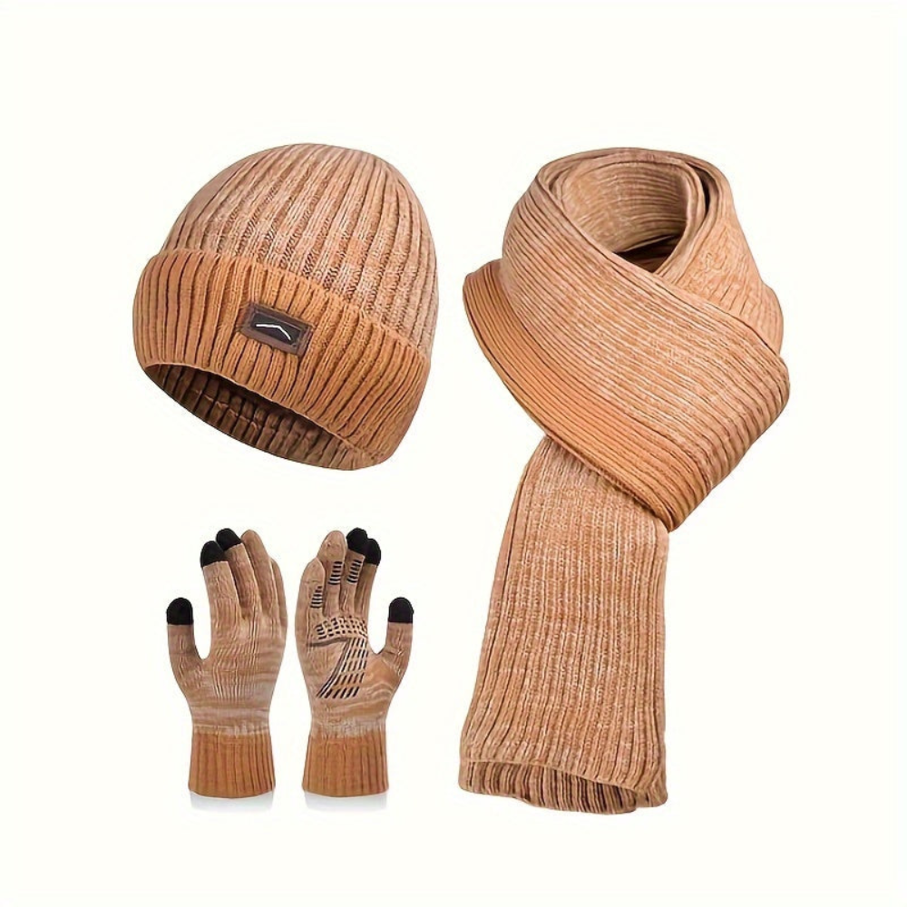 Strickmütze Schal Handschuhe Set Herren Warm Grau Winters Set