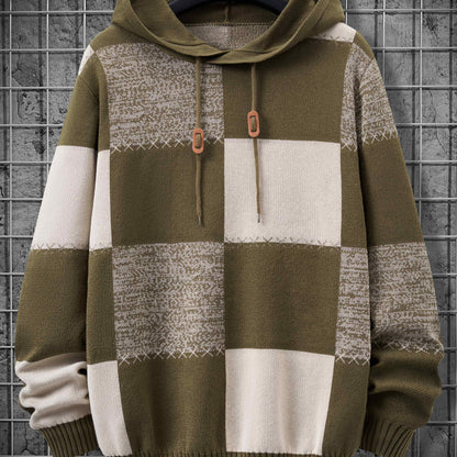 Herren Patchwork Hoodie mit Karomuster und Kapuze