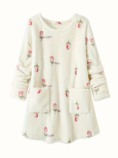 Women's fleece nightgown, cream, floral pattern, long-sleeved, short house dress