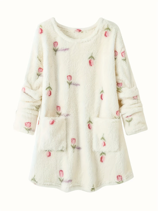Women's fleece nightgown, cream, floral pattern, long-sleeved, short house dress