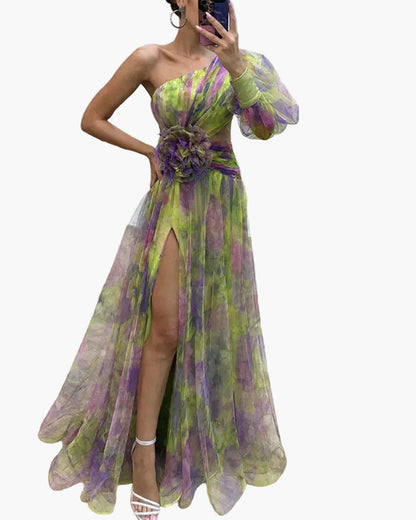 Damen Abendkleid One-Shoulder mit Puffärmel und Schlitz – Elegantes Kleid für festliche Anlässe