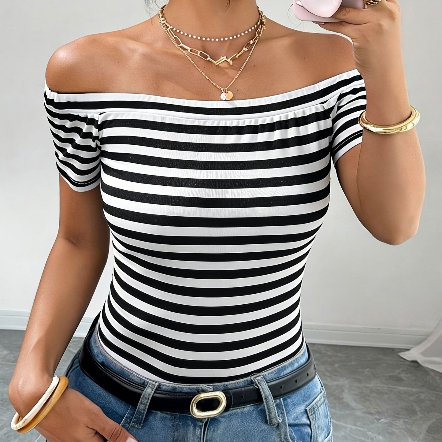 Women's Off-Shoulder Striped Shirt – Bardot Style for Everyday & Going Out