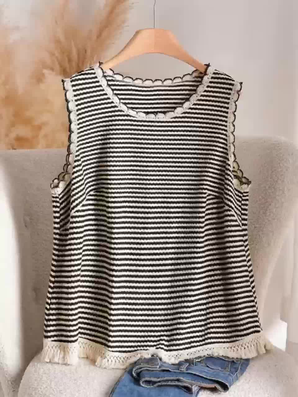 Women's Boho-Style Knit Tank Top with Stripes and Fringes – Elegant Casual Top for Spring and Summer