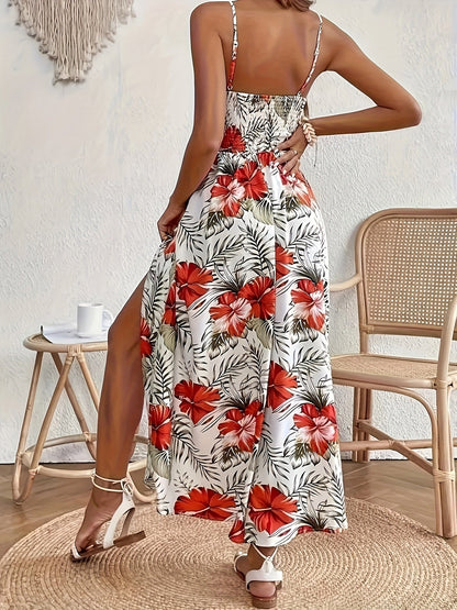 Women's maxi dress with tropical print and lace detail – perfect for vacation & summer