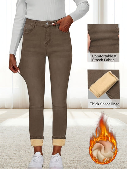 Women's lined thermal jeans, brown, high-waisted