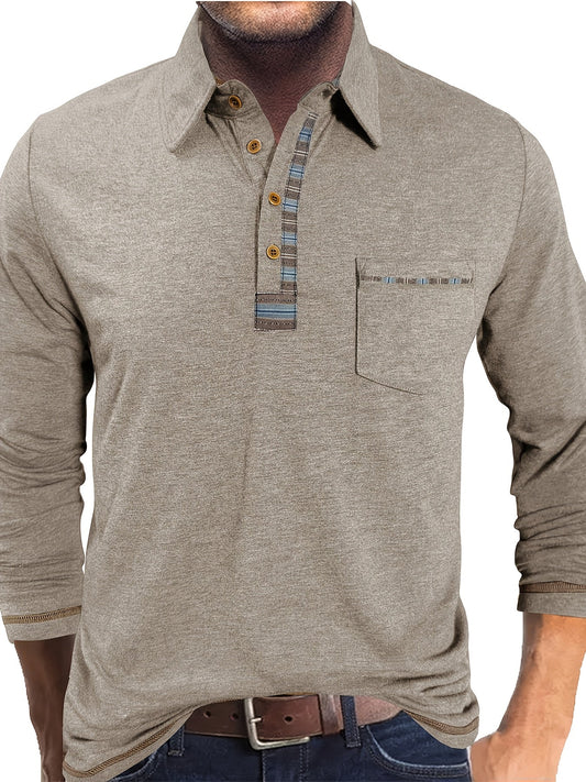Men's long-sleeved polo shirt with chest pocket and patterned details