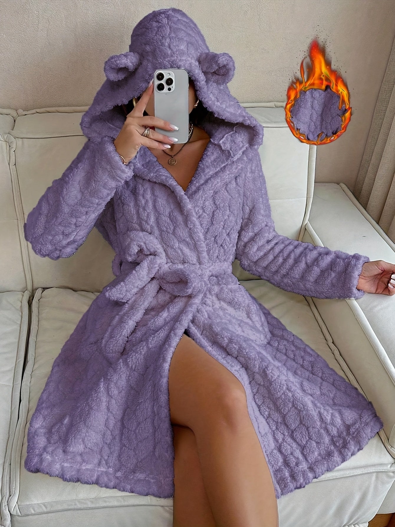 Women's long fluffy bathrobe with hood and ears, lilac purple