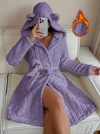 Women's long fluffy bathrobe with hood and ears, lilac purple