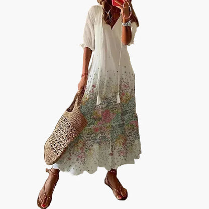 Women's Long Bohemian Dress – Long Summer Dress with Flower Print, Ideal for Beach & Leisure
