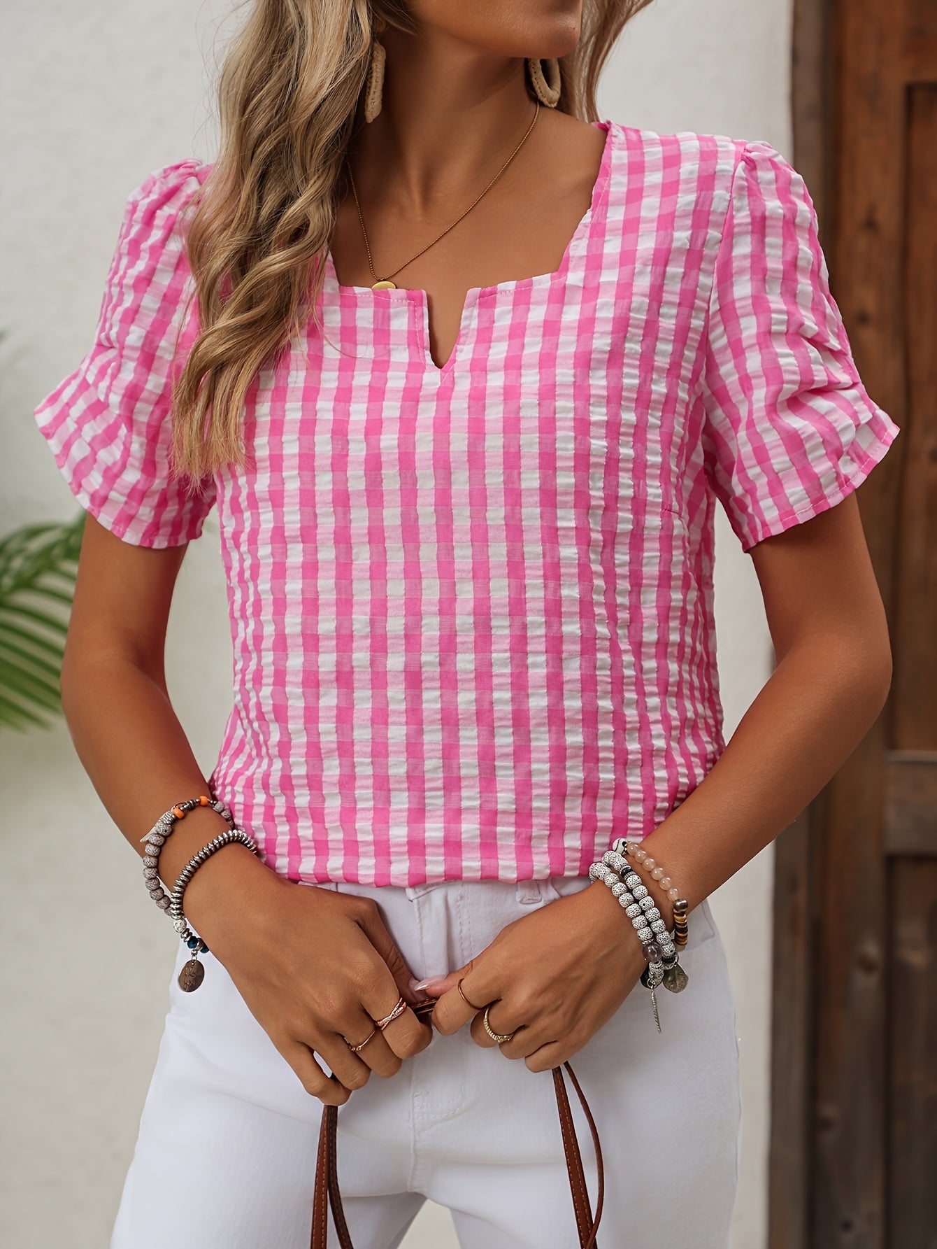 Women's Elegant Checked Blouse with Neckline – Perfect for Spring & Summer