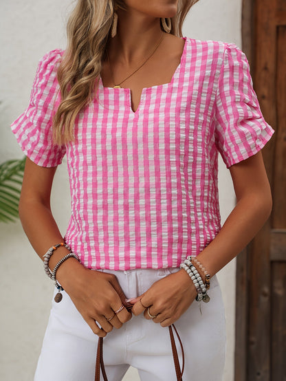 Women's Elegant Checked Blouse with Neckline – Perfect for Spring & Summer