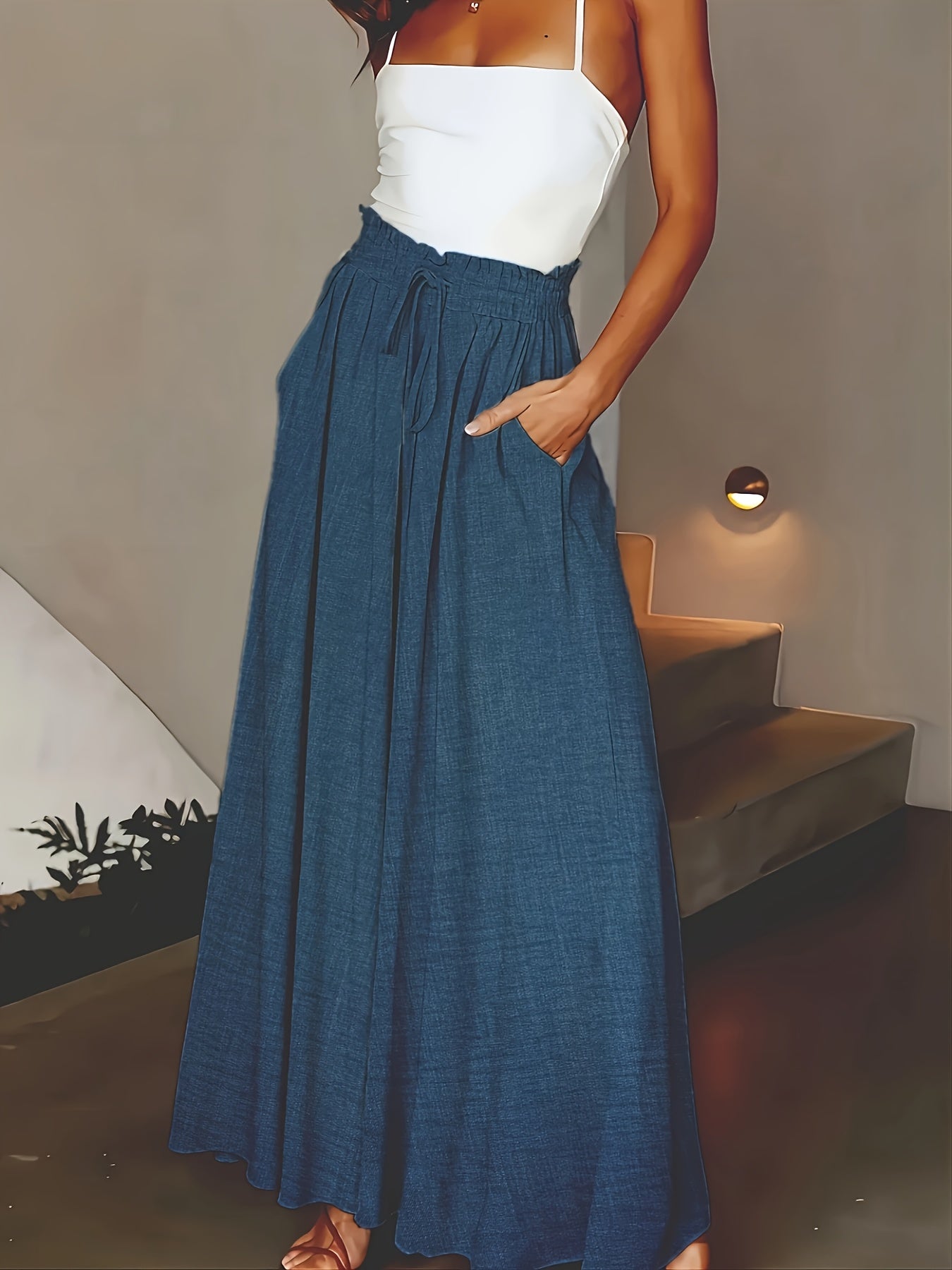 Women's maxi skirt with wide leg and paperbag waist – Elegant casual style for spring and summer