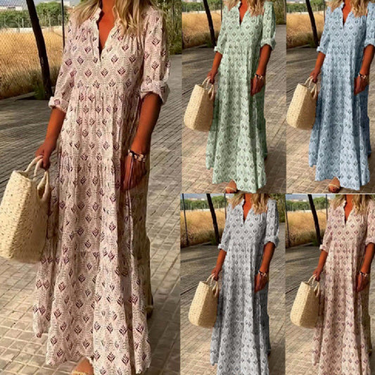 Damen Boho Maxikleid mit Hemdkragen und Falten – Sommer Freizeitkleid für Urlaub & Alltag