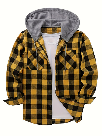 Men’s plaid hooded shirt with button placket
