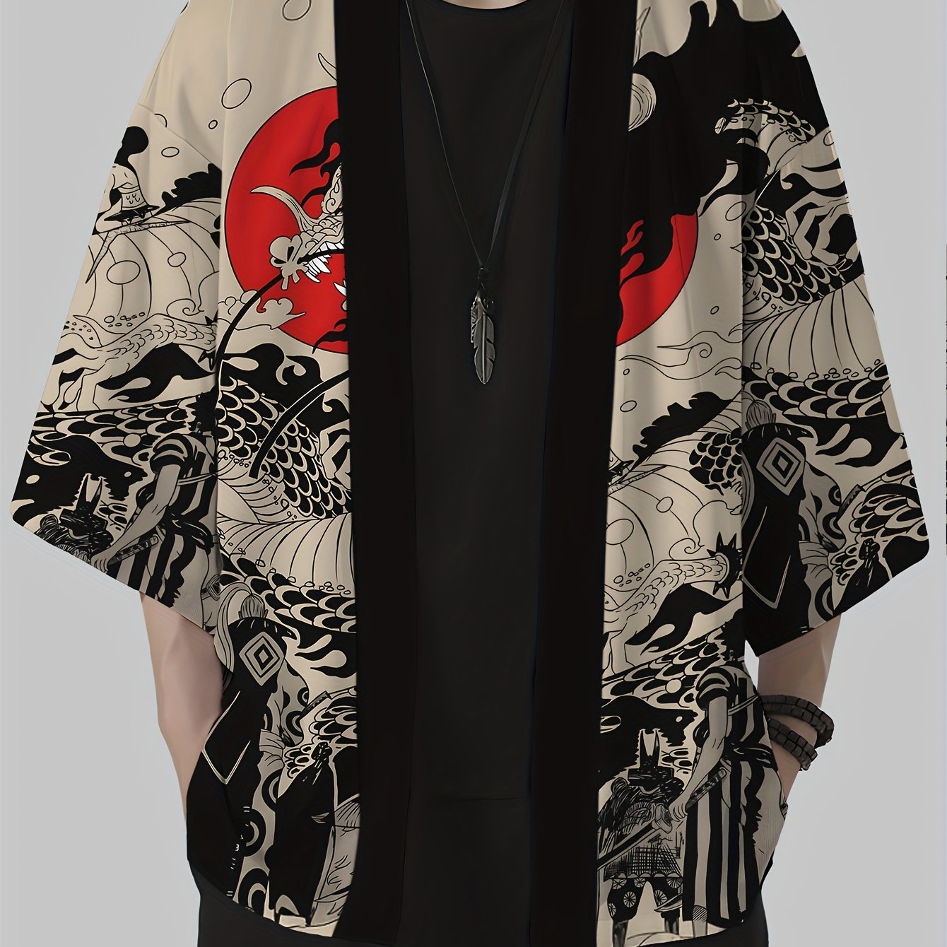 Men's Kimono Cardigan with Japanese Dragon Print – Streetwear Style, Open Jacket for Leisure and Everyday Wear