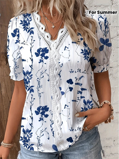 Women's blouse with V-neck and lace trim, casual summer style, floral pattern, ideal for everyday wear and leisure