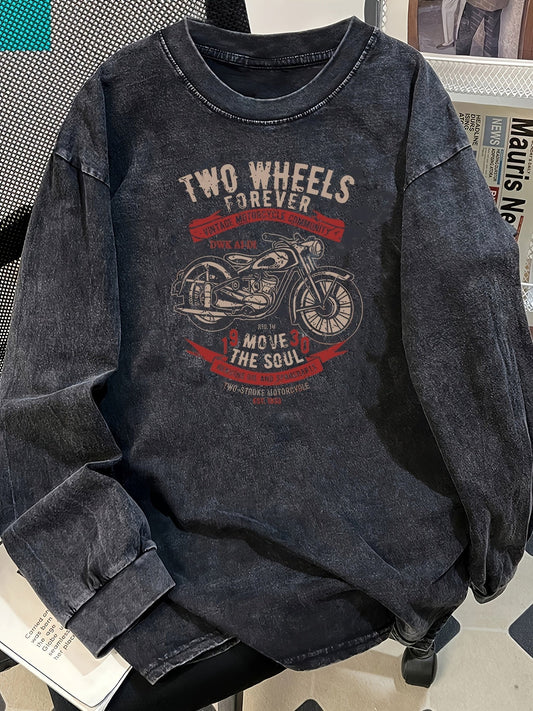 Unisex Langarmshirt mit Motorrad-Print, verwaschener Look, Dunkelgrau