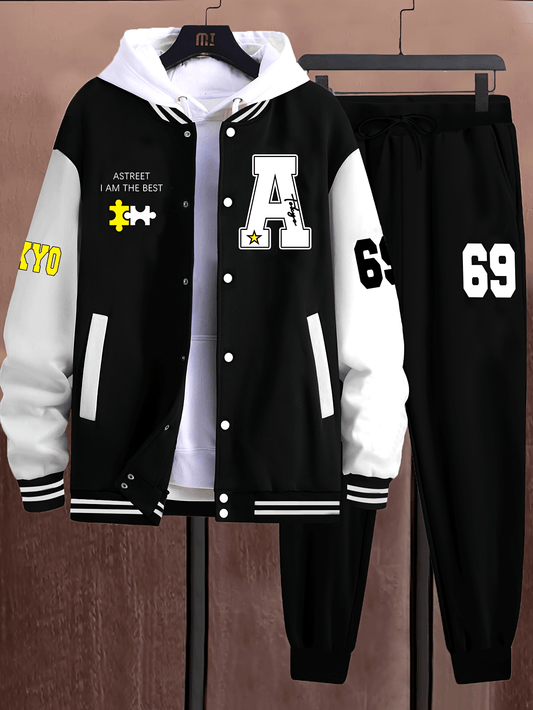 Unisex college jacket and joggers set, two-piece baseball look with print