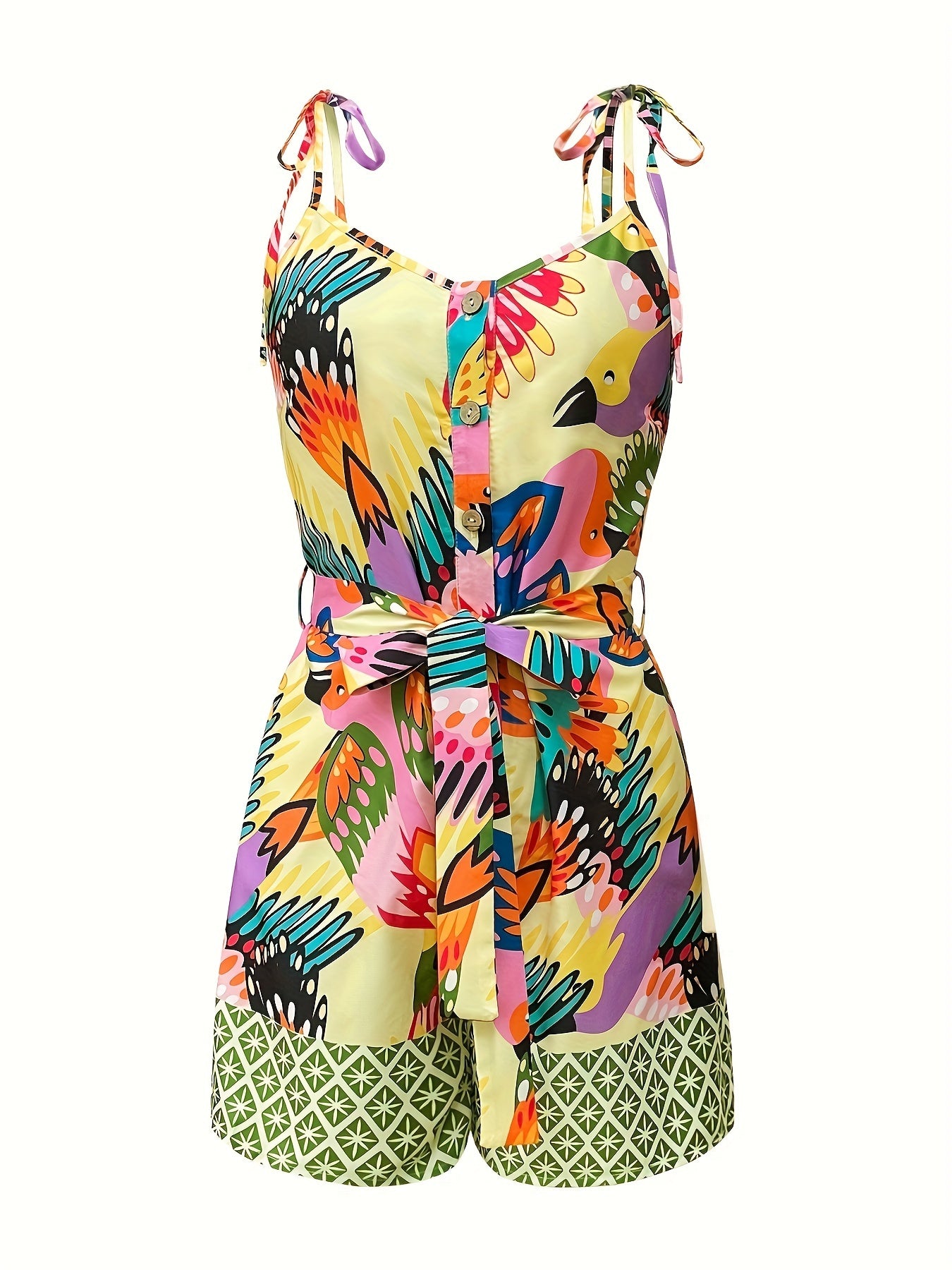 Women's summer jumpsuit with belt and tropical print – elegant casual romper for vacation & everyday wear